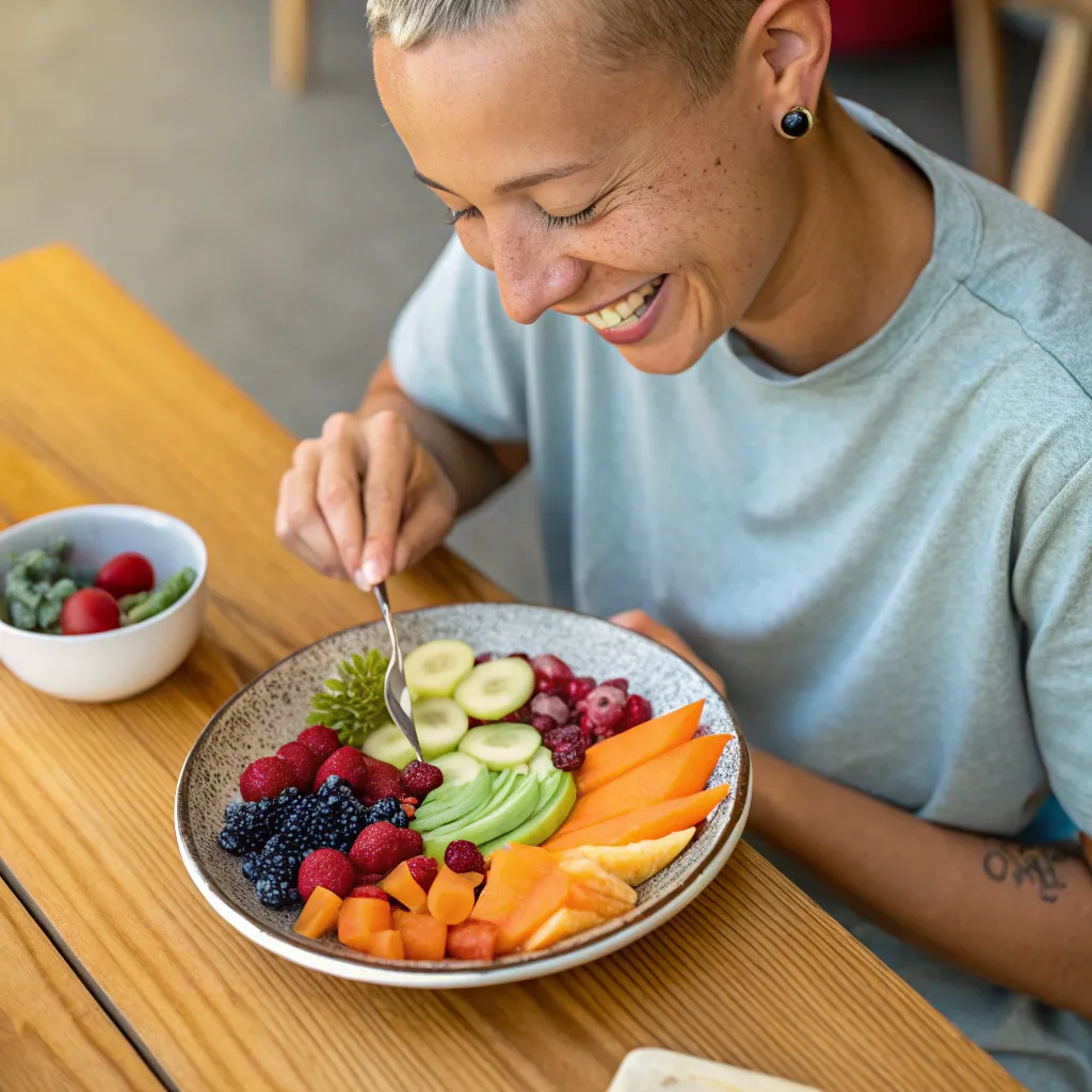 Happy and healthy individual enjoying a raw food meal